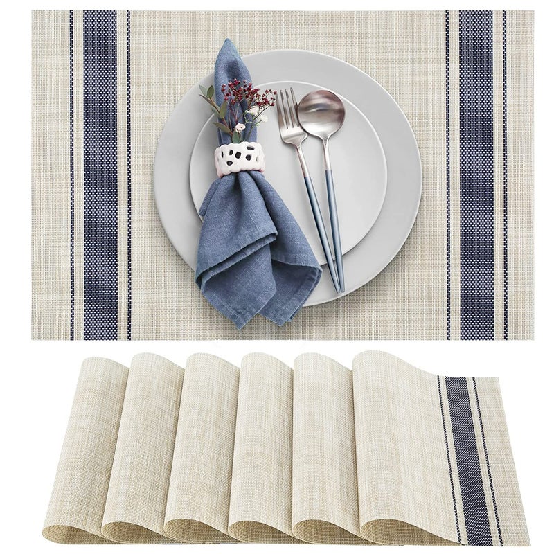 DACHUI Placemats Set of 6, Soft & Elegant Woven Vinyl Place Mats, Water Resistant, Heat Resistant, Washable, Durable Table Mats (Blue Stripes) - Image 1